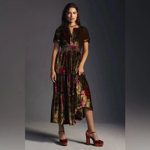 Anthropologie Velvet Somerset Maxi Dress Green and Pink Floral Size Medium - Picture 1 of 15